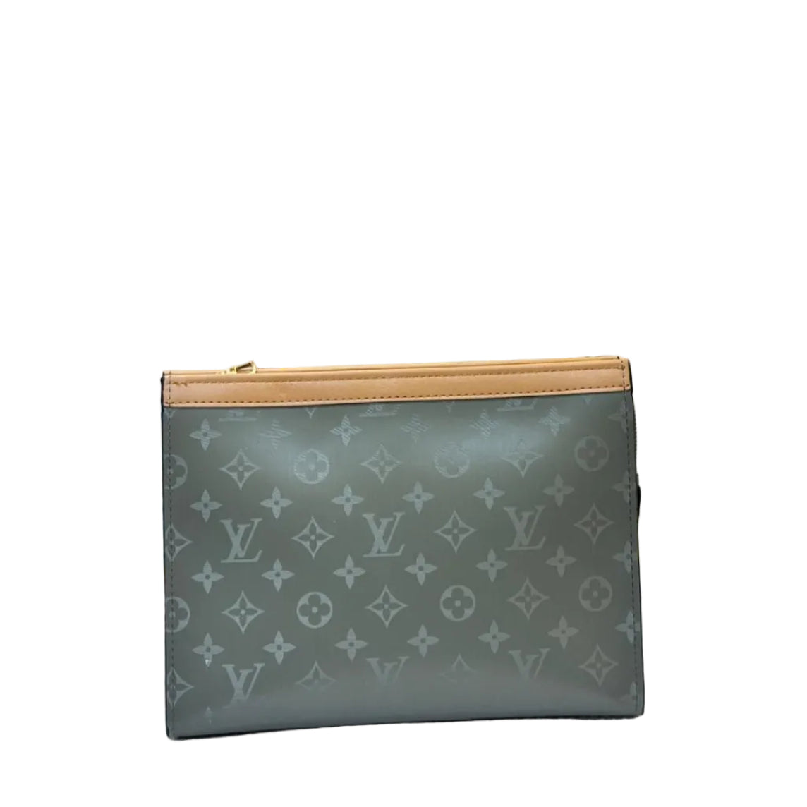 Louis Vuitton pouch with monogram pattern on a textured surface with artistic background