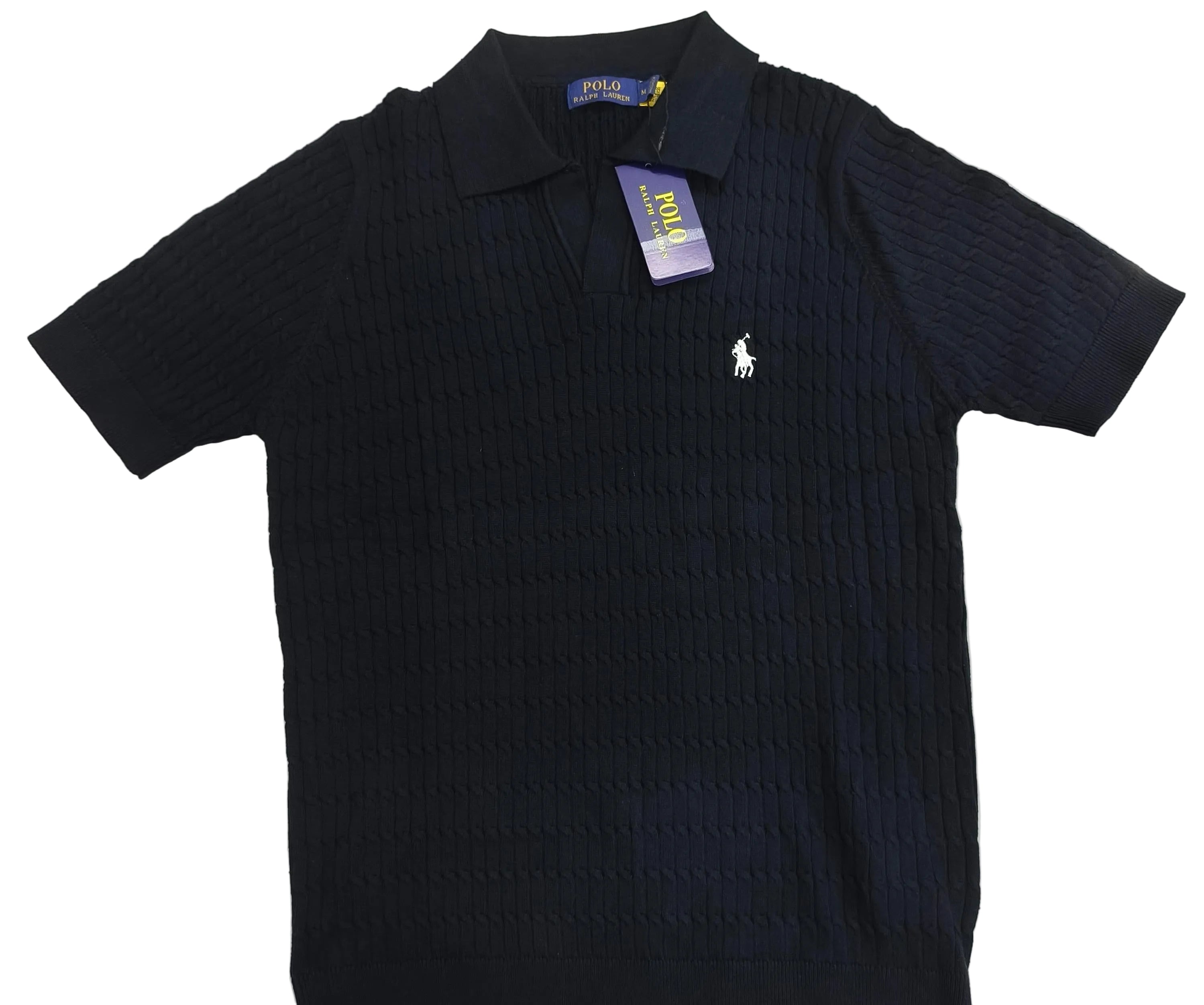 Black polo shirt with a brand tag on a white background