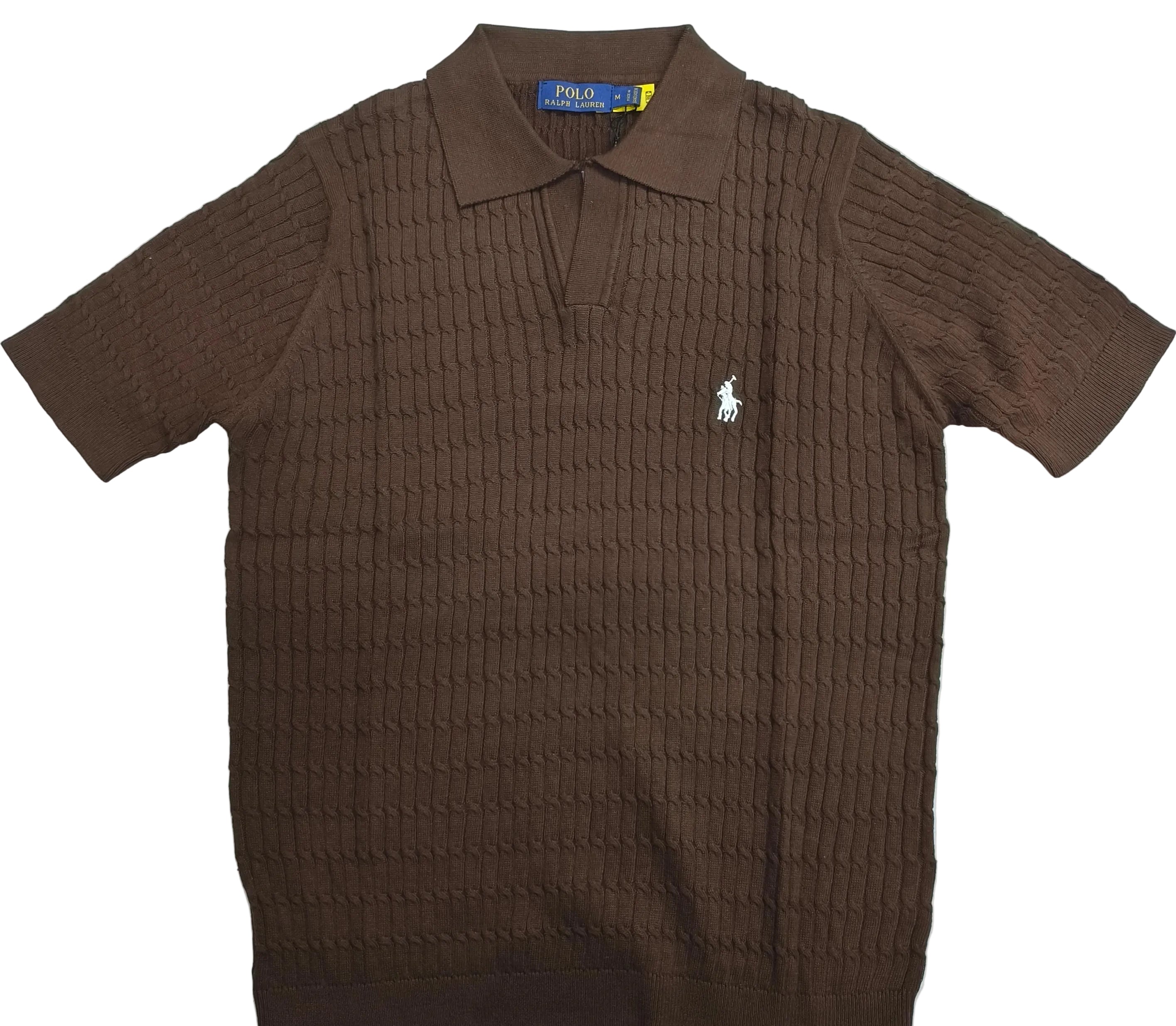 Brown textured polo shirt with Ralph Lauren logo on a light white background