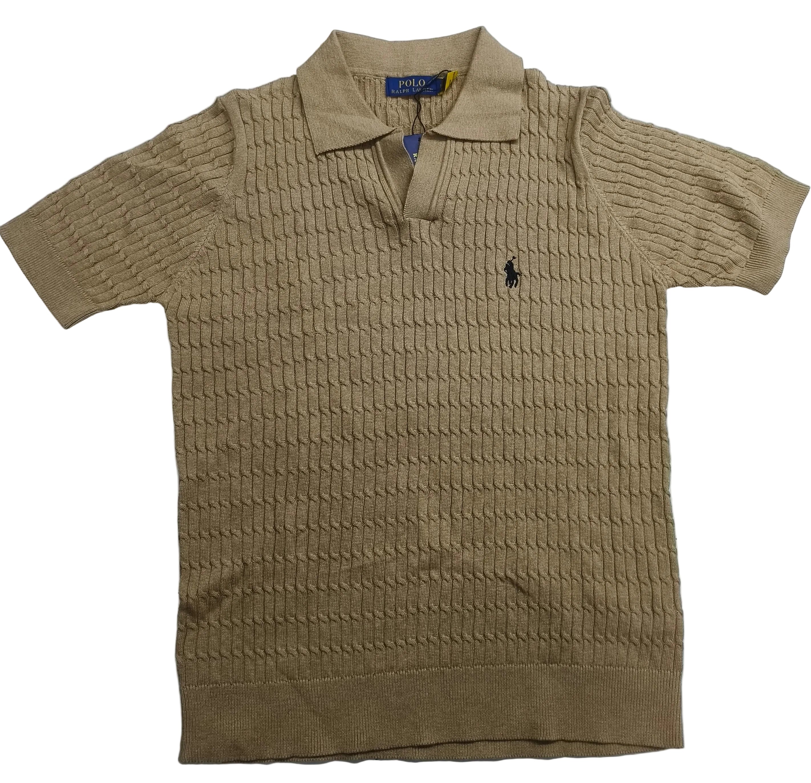 Beige textured polo shirt with Ralph Lauren logo on a light white background